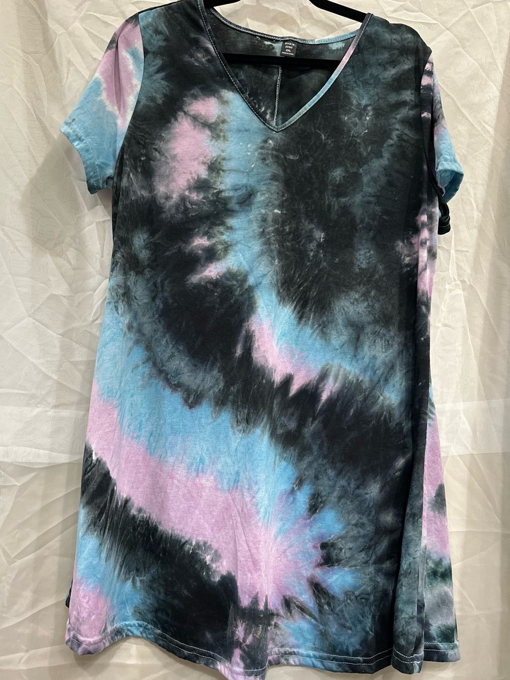 Tie-Dye V-Neck Women’s Tshirt Dress in Black, Blue & Lilac